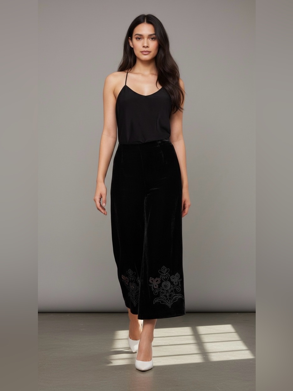 Nwt Jade Johnny Was Black Velvet Embroidered Wide Leg Pants 8